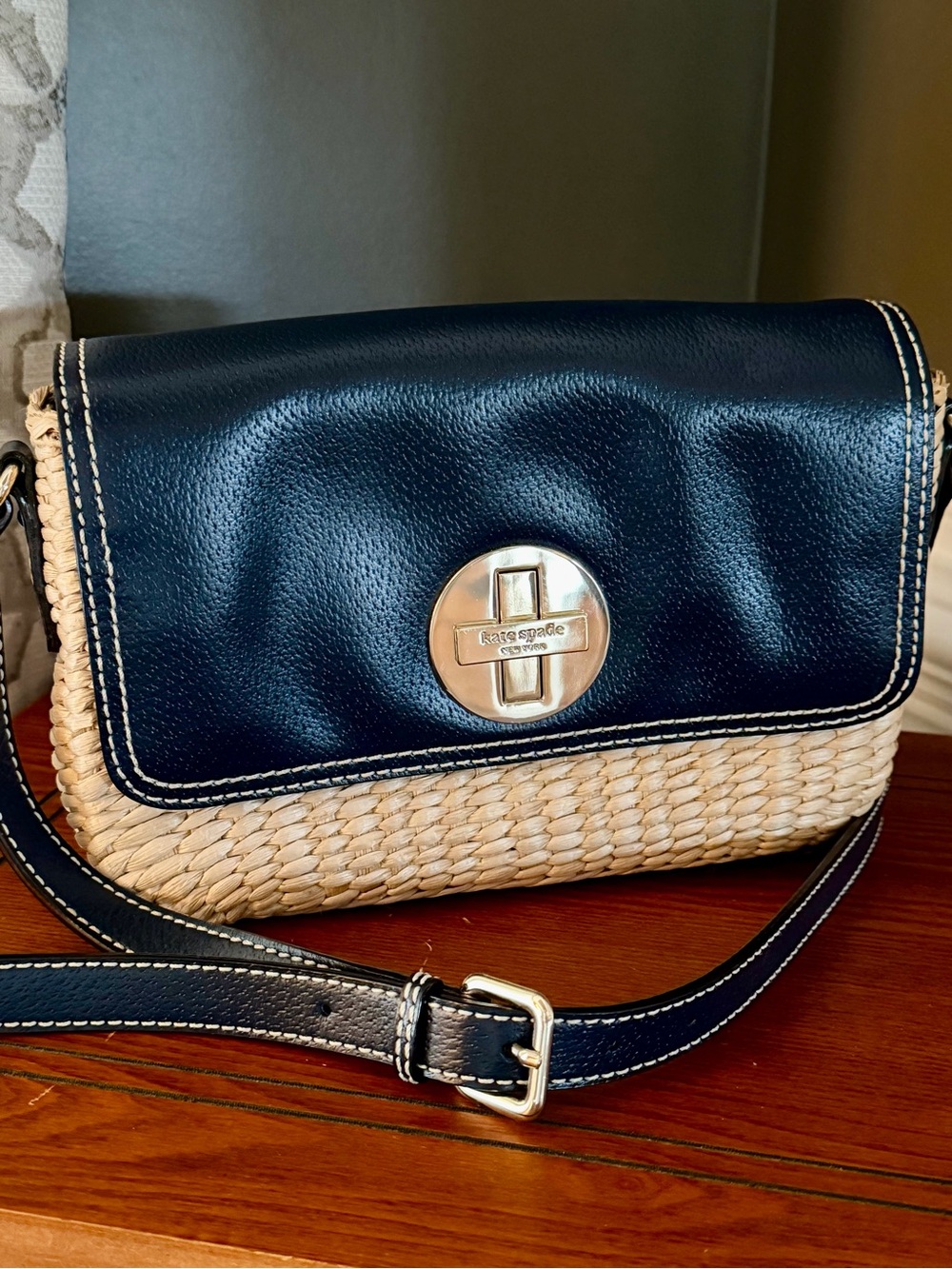 kate spade Black Leather and Natural Woven Crossbody with Silver Turn-Lock